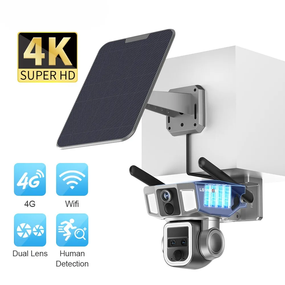 4k 6mp Солнечная камера 360 ptz 10x зум 4g солнечный уличный свет с камерой наружный двойной объектив CCTV беспроводная безопасности