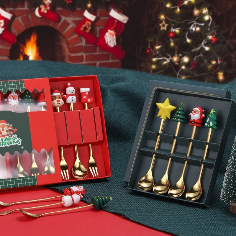 Golden Christmas Spoon Gift Set Cutlery Set Dessert Coffee Spoon 4pcs & 6pcs Christmas Spoon and Fork Set