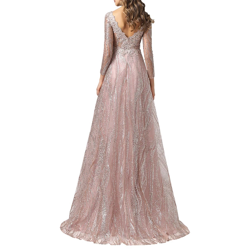 
PR0000380 2020 new pink evening dress long sleeve V-neck Glitter Mesh dress evening gown 