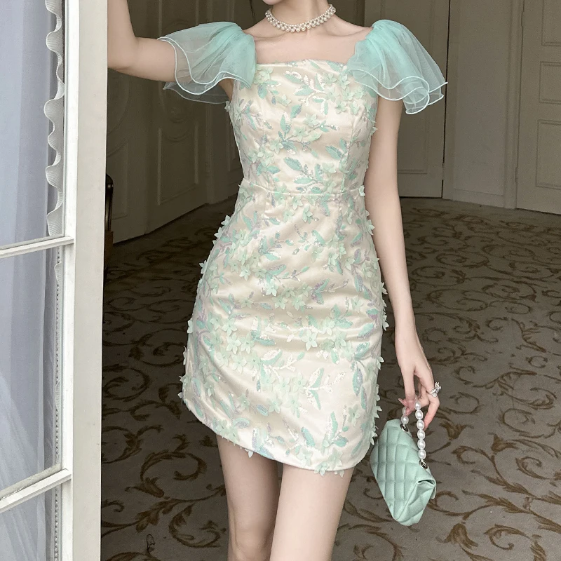 ZYHT 15007 Wholesale Green Floral Applique Slim Fit Elegant Cocktail Sequin Short Party Dresses for Women