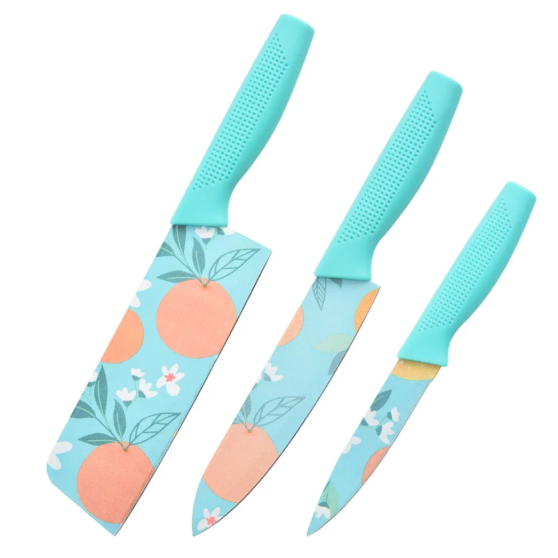 3pcs mint blue floral printing fruit knife stainless steel chef knife set non-stick luxury kitchen knife