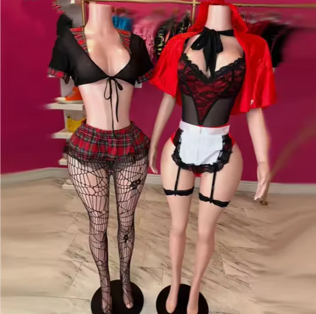 Bomblook Z923ST5 Sexy Costumes Cosplay Halloween Christmas Red Hooded Costume Babydoll Lingerie Tops+Stockings Plaid Skirt Set