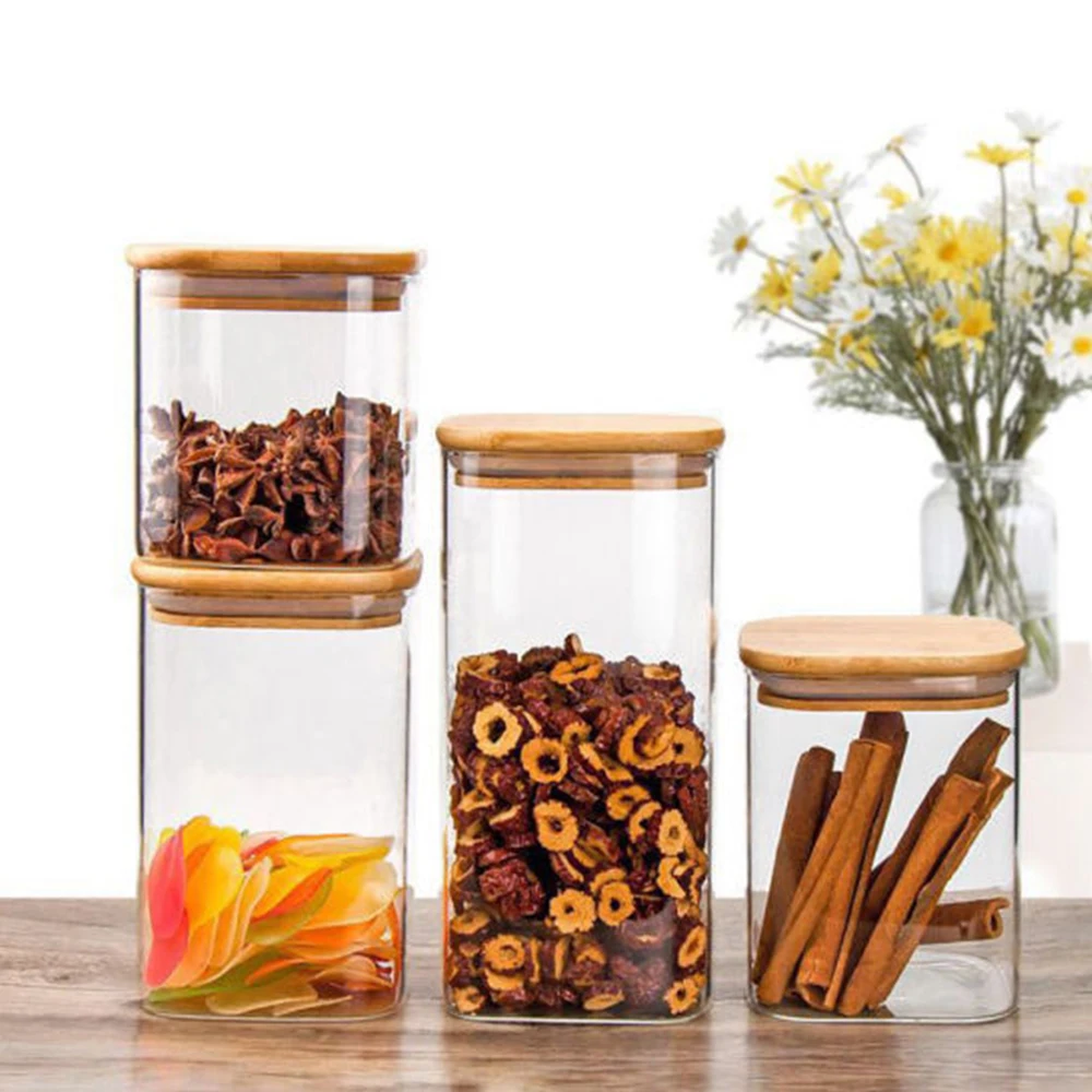 810 ML Large Size Square Shape Airtight Storage Jar with Bamboo Lid + Silicone Ring Glass Container Jar