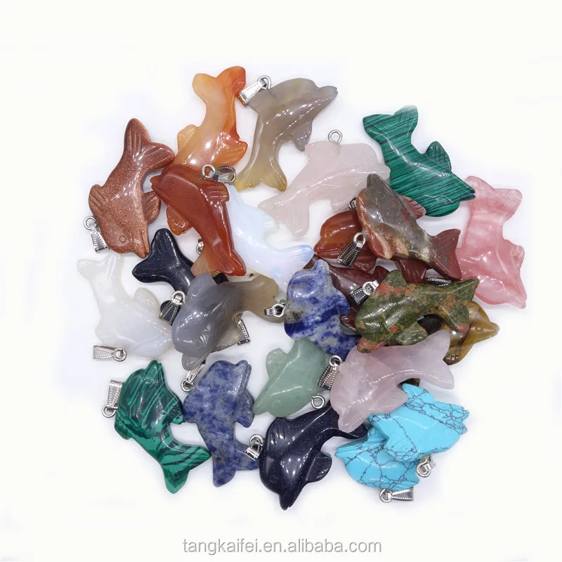 Natural Hand Carved Crystal Gem Animal Statue Cute Dolphin Necklace Pendant