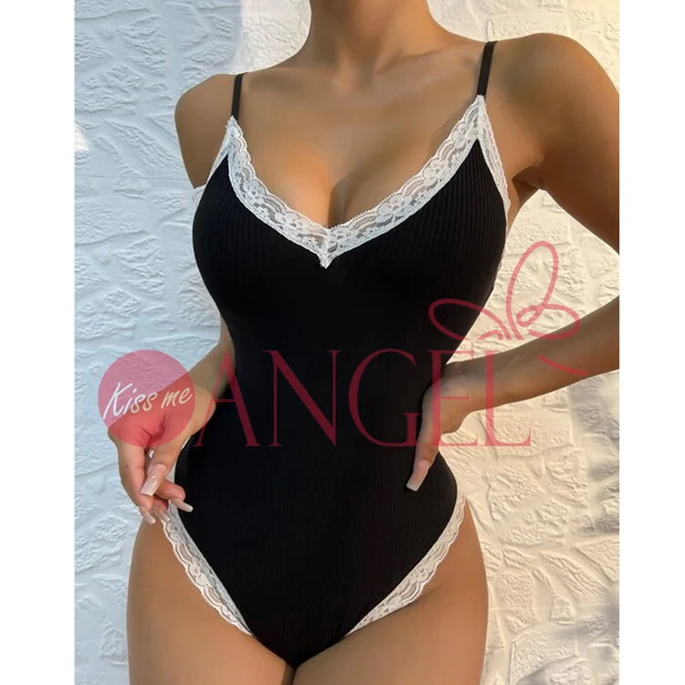 KISS ME ANGEL factory wholesale black lace trim deep V neck hollow out one piece sexy lingerie lace bodysuit teddy