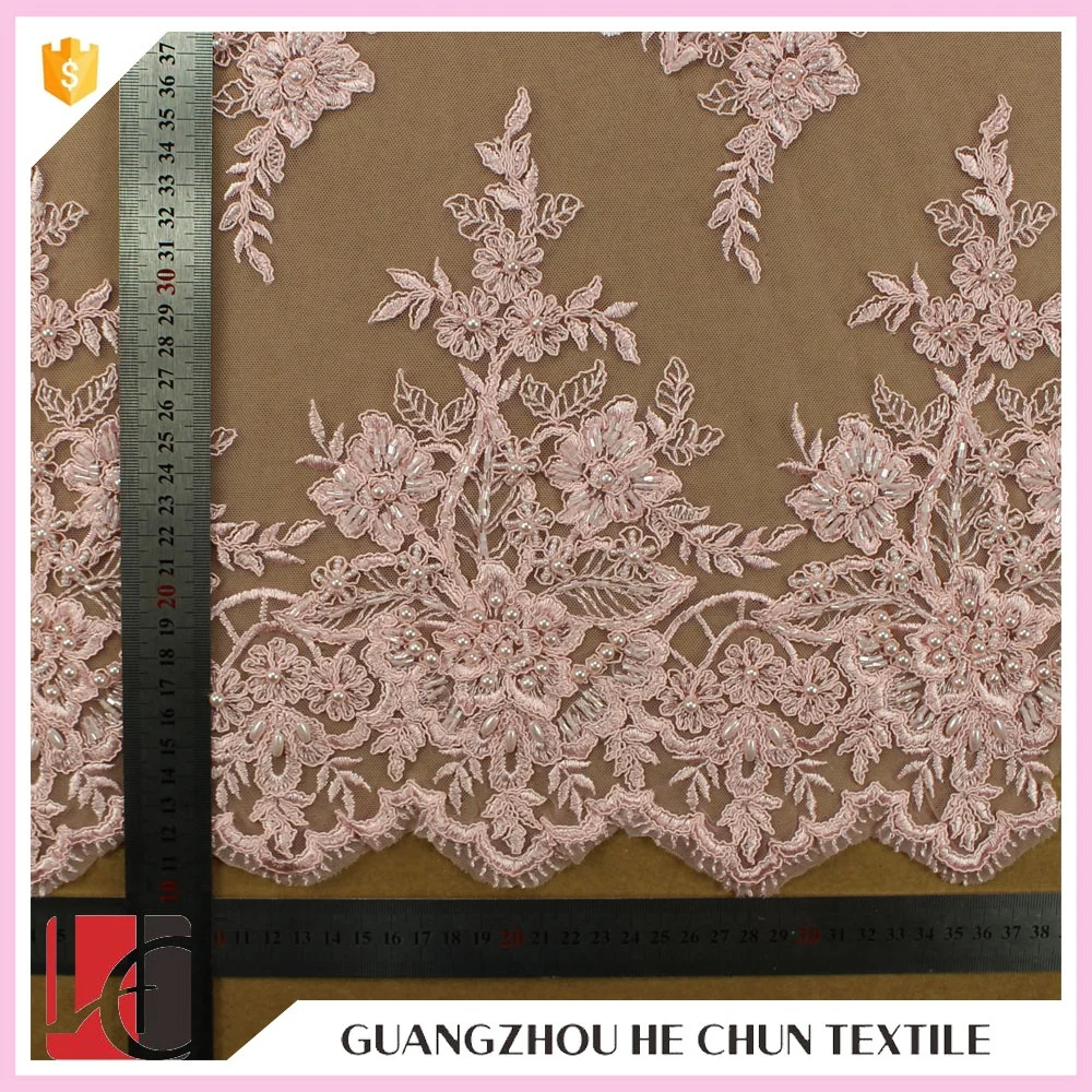 HC-4450-1 Hechun Sell Online Polyester Sew Pearls Beads Pink Cord Lace Fabric for Dress