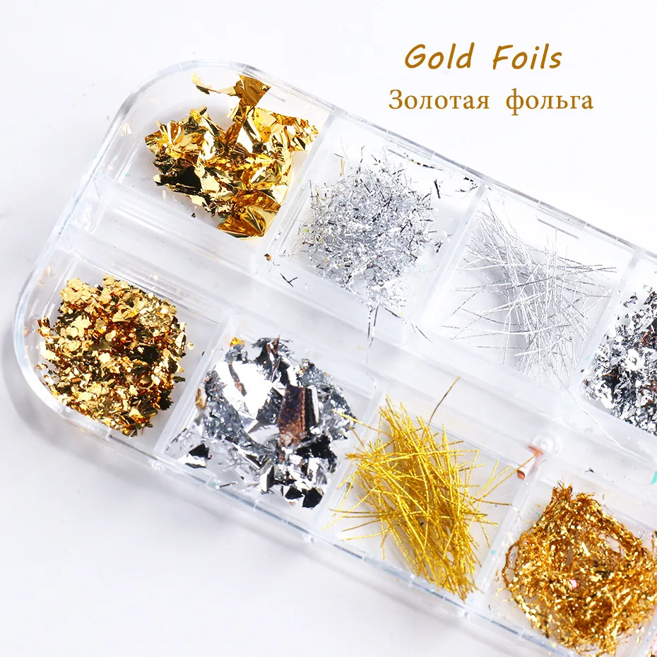 12 Grids/Box Gold Silver Irregular Aluminum Foil fragment Glitter Nail Art Sticker DIY Manicure UV Gel Polish Nail Decoration