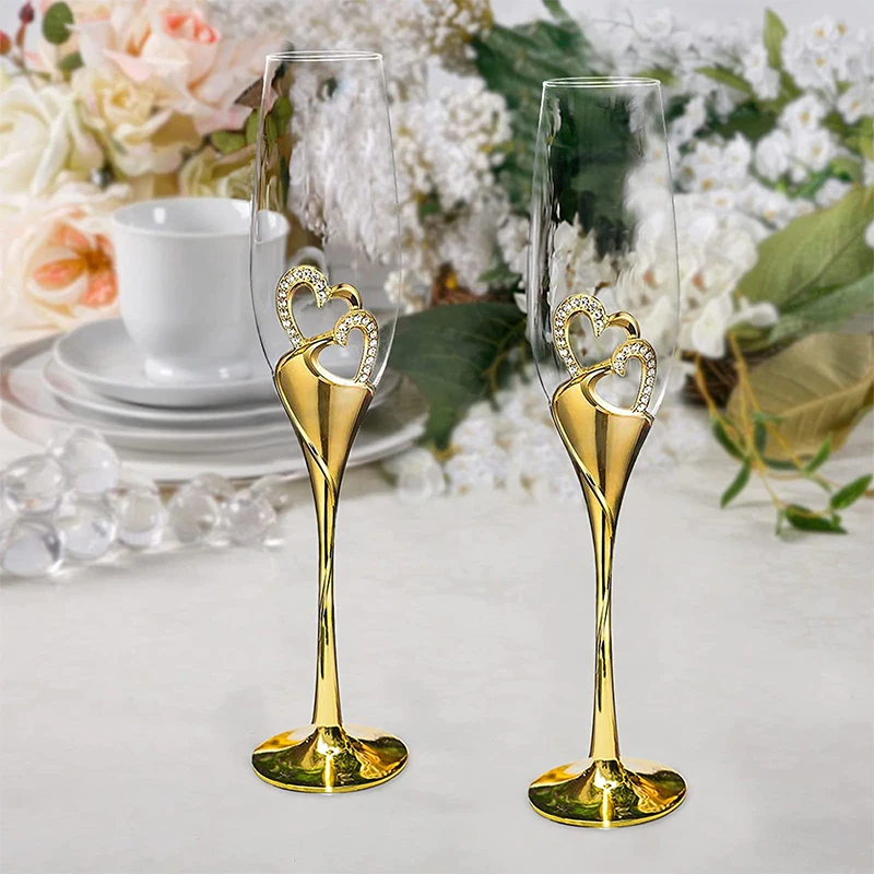 Gold Crystal Glass Diamond Encrusted Goblet Stylish Creative Bling Cup Couple Set Metal Champagne Glasses Wedding Zinc Alloy