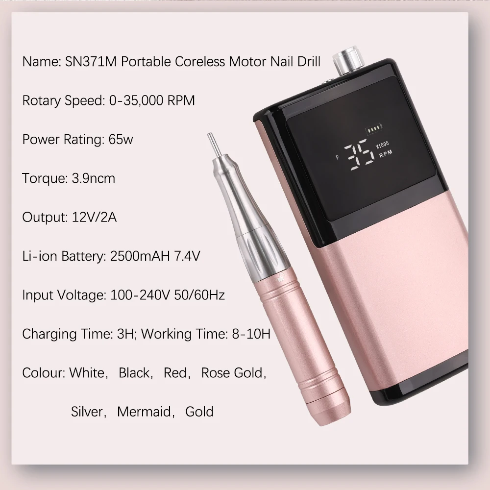 New Aluminum Shell Manicure 65W Coreless Professional 35000RPM Cordless Portable Nail Drill Machine Nail Art Manicure Machine
