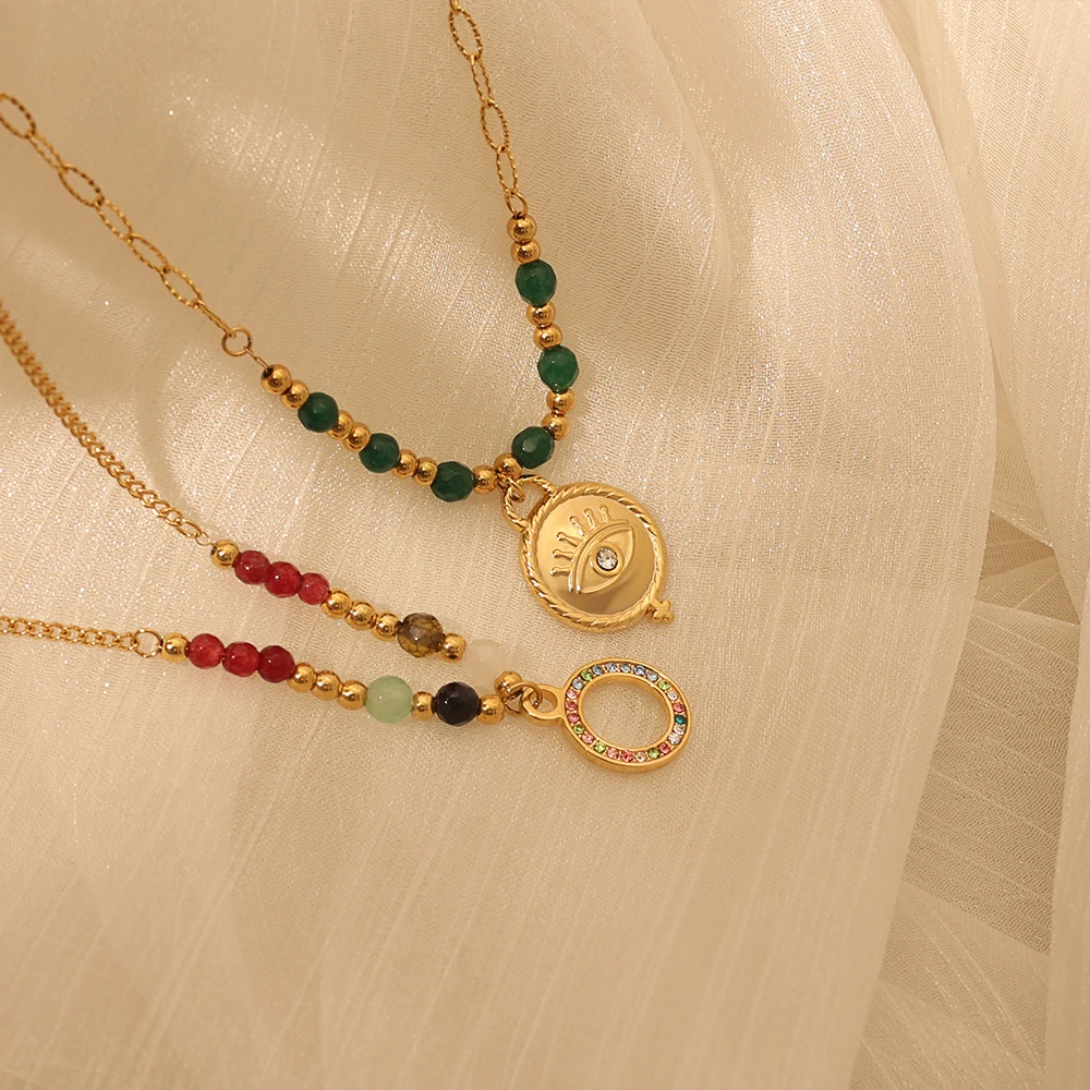 18K Gold Plated Necklace with Disc Eye mixed color diamond ring  Pendant Chic Green Bead Non Tarnish Necklace for Women