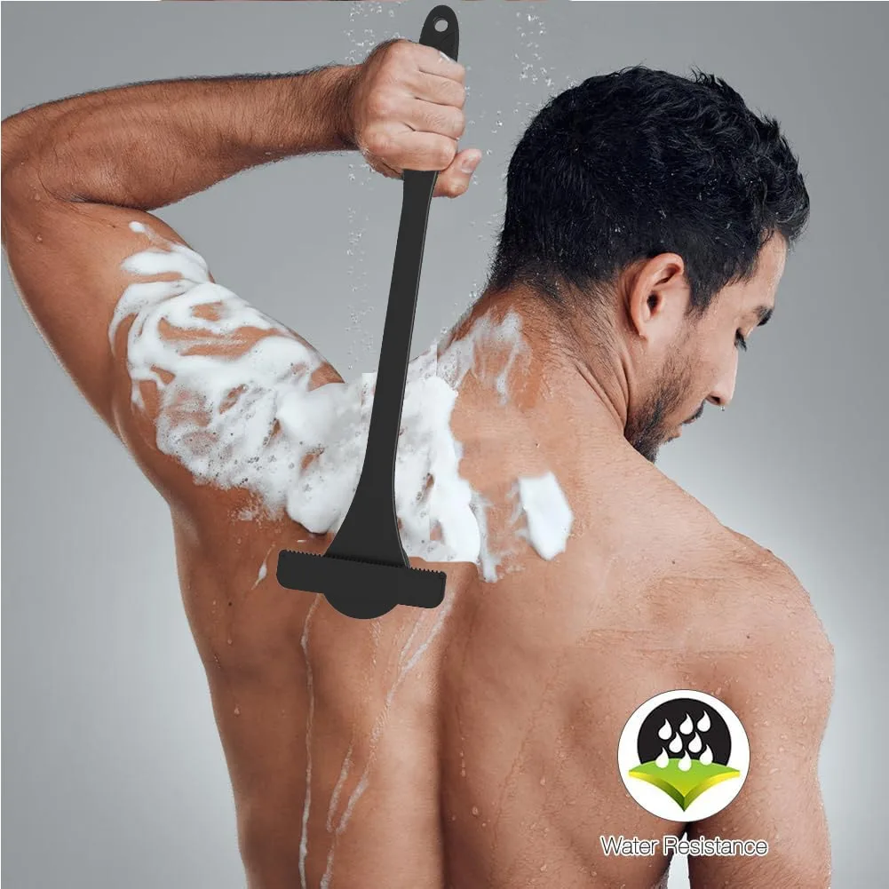 2-in-1 Back Shaving Knife with Silicone Flexible Handle and Back Scrubbing Brush Manual Personal Groomer, No Battery Required