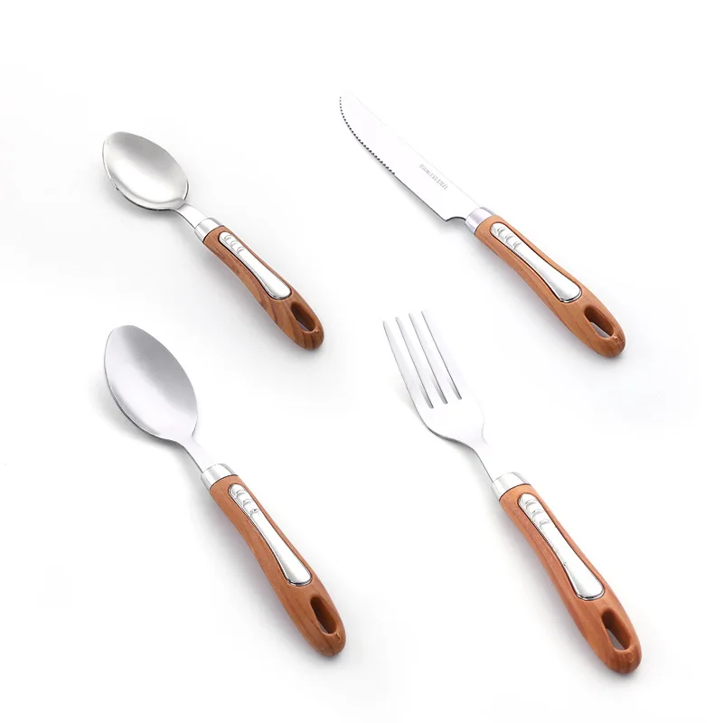 Hot Sale Wood Grain Stainless Steel Food Flatware Set Knife Fork Spoon Silverware Fruit Fork Spoon Portable Cutlery Set