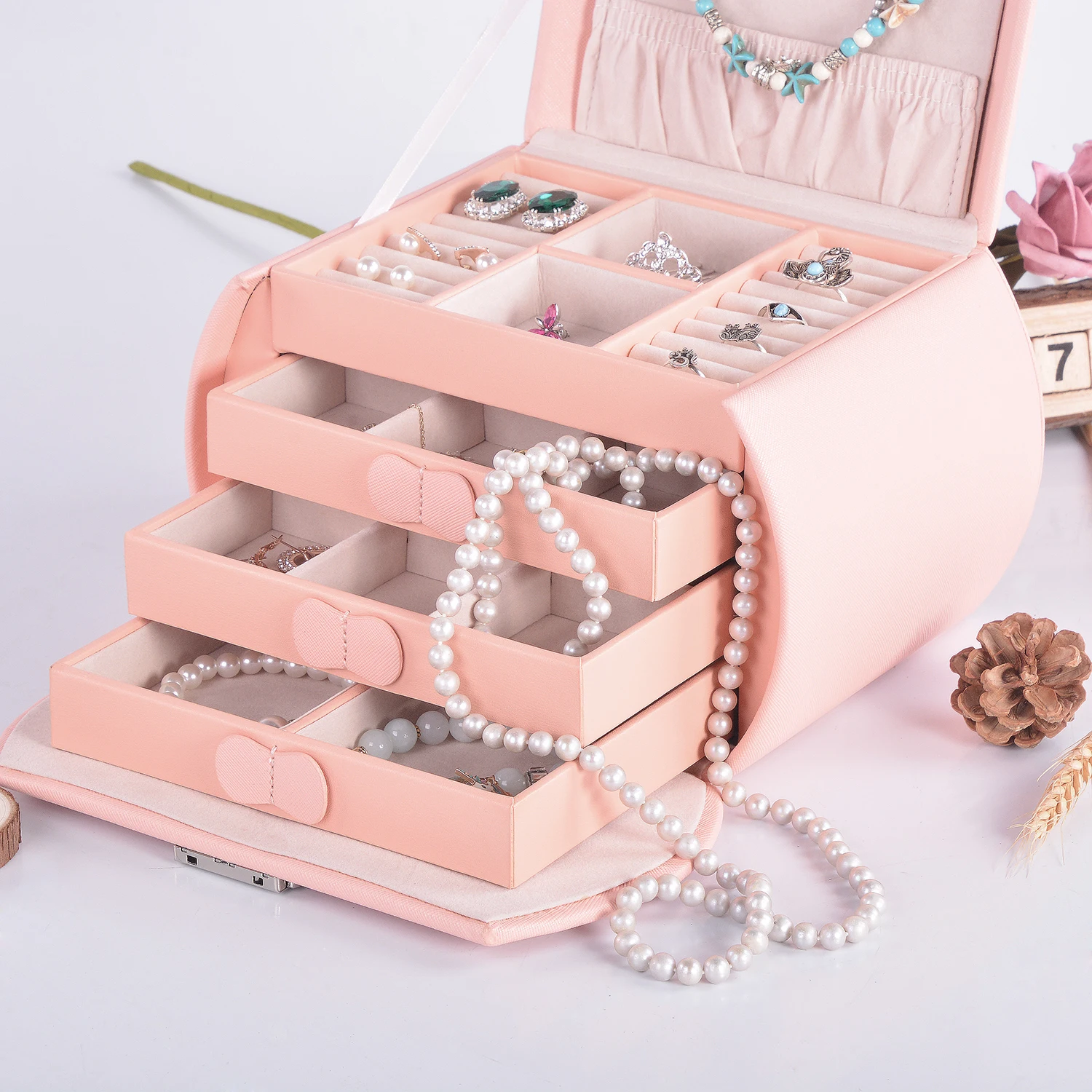 Medium Size Luxurious Square Pink Faux Leather Jewelry Box PC Material Beauty Organizer for Women with Custom Logo