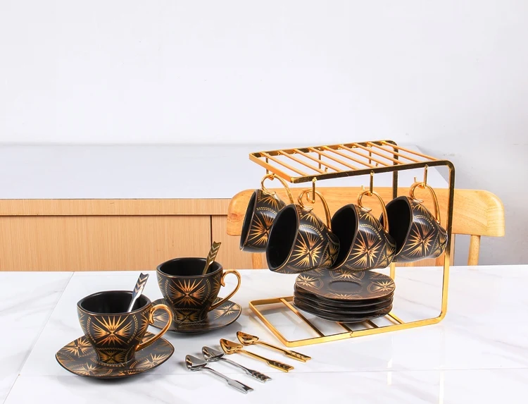 Royal Arabic Ceramic Coffee Cup and Saucer Black Color Tea Cups and Saucers Sets Porcelain Cups Gold Rim