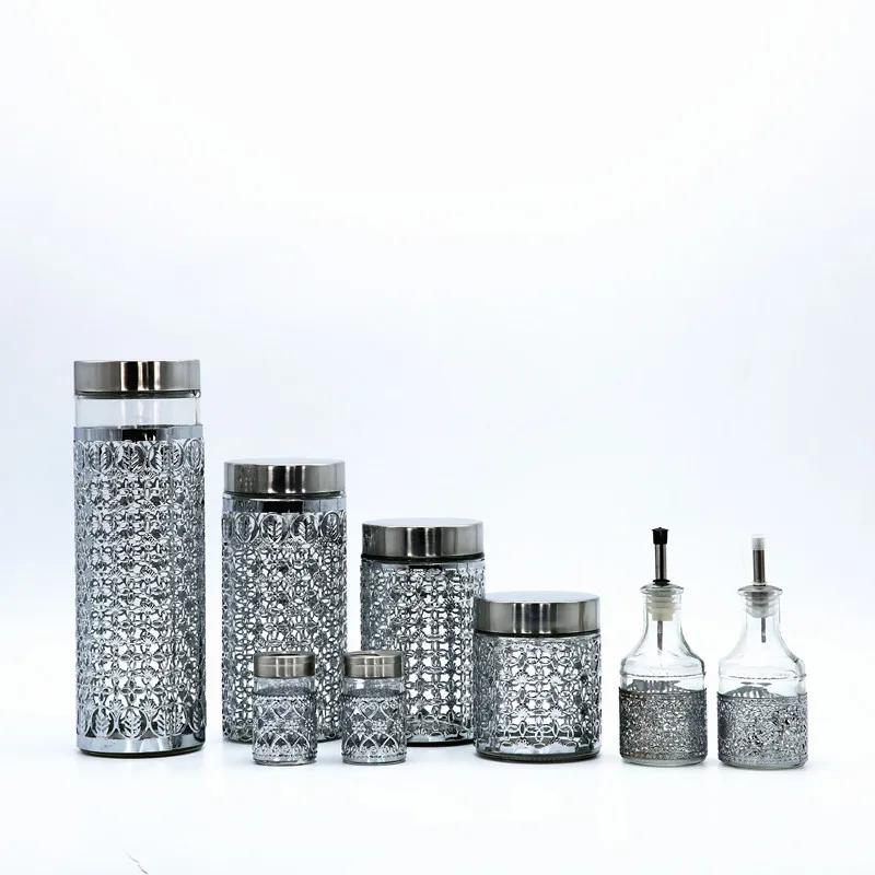 Hot Selling Silver Stainless Steel  Coating Food Glass Storage Jar  Oil Vinegar Bottle and Salt Pepper Shaker