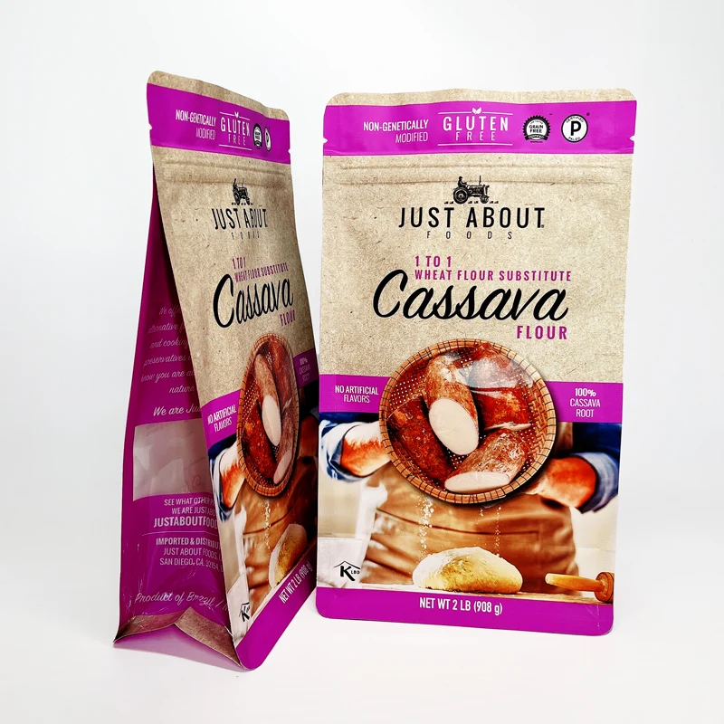 Eight sided sealing packaging plastic bags for food flat bottom child proof flour pouches