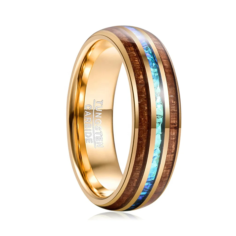 Alin Jewelry 6mm Shiny Gold Plated Tungsten Ring Hot Selling Koa Wood And Opal Inlay Tungsten Wedding Rings