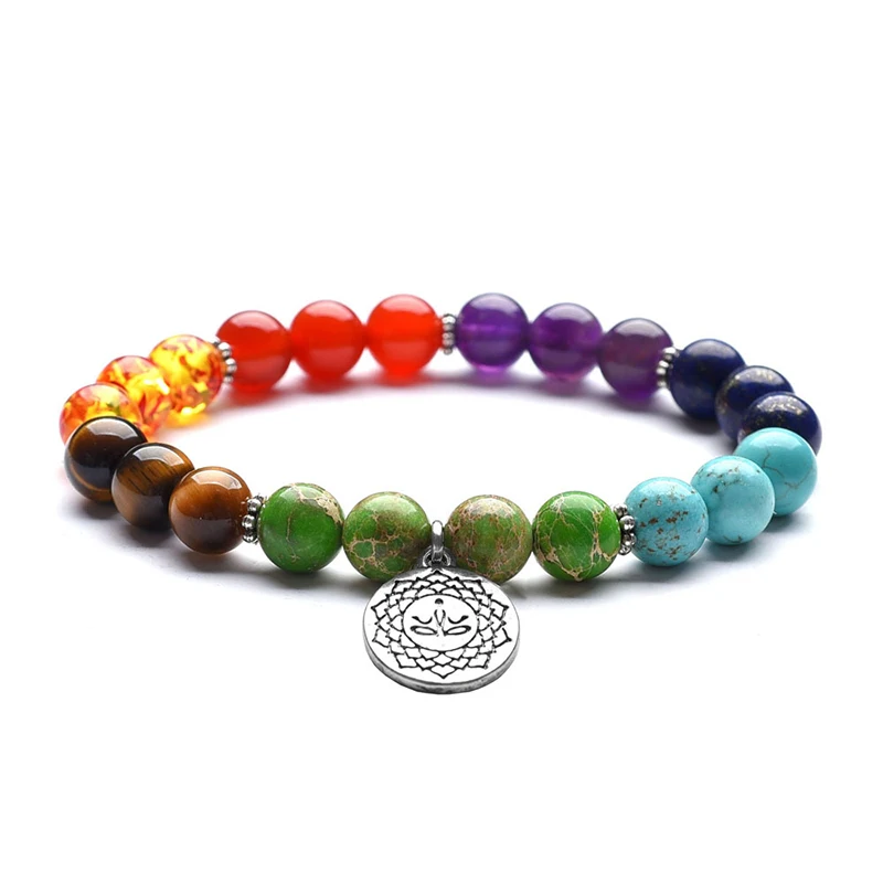 Wholesale Vintage 7 Chakra Bracelet Natural Stone Lotus Flower Charm Beads for Women and Men for Wedding Party Buddhism Gift