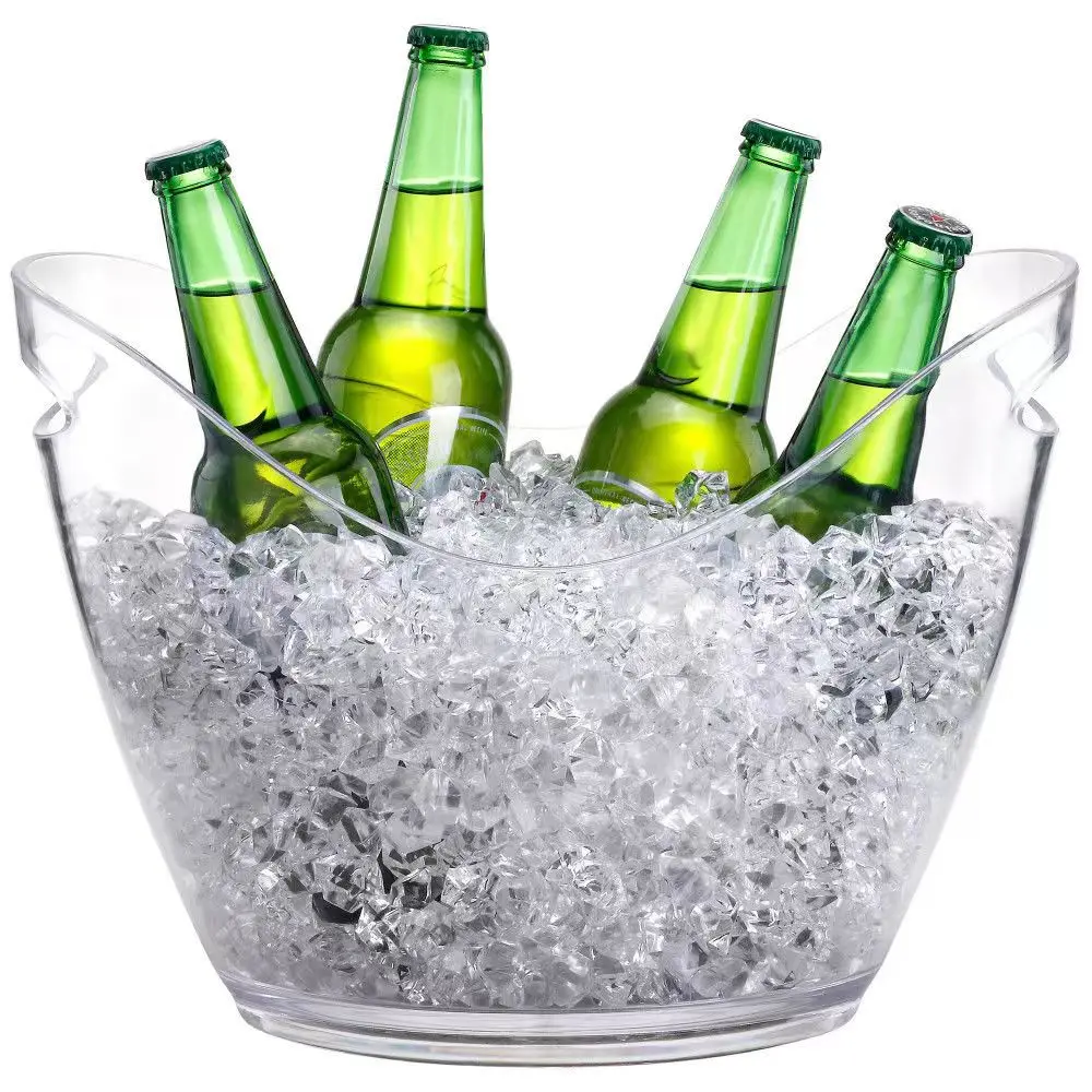 Clear acrylic Bar party beer Champagne Ice grain PET Ice Bucket with Elegant PU Leather Handle ice Bucket