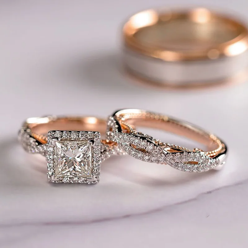 Luxury 3pcs Couple Jewelry Set Rose Gold Plated Diamond Twist Engagement Ring Square Zircon Wedding Ring Durable Steel Men Women