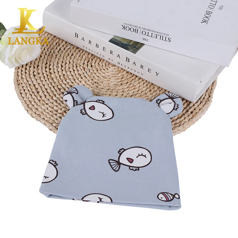 Selling yellow animal printed hat 100% organic beanie cotton baby cap hats for