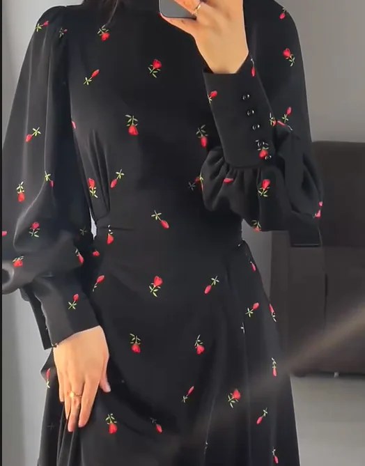 2024-New Russia  Fashion Ladies Elegant Floral Printed Dress Solid Long Sleeve Crew Collar Slim Ruffled Loose Long Dress