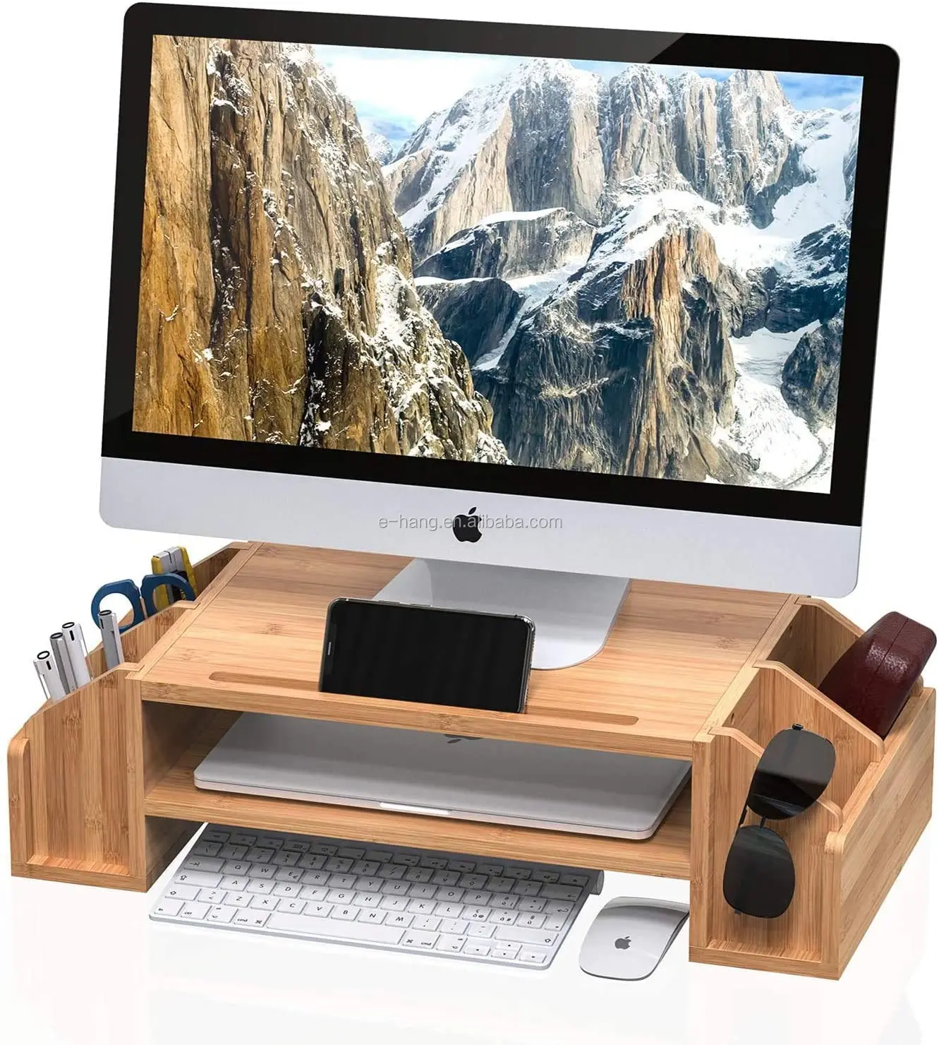 2021 New Design Bamboo 2-Tier Monitor Stand Riser with Drawer Adjustable Storage Organizer Shelf