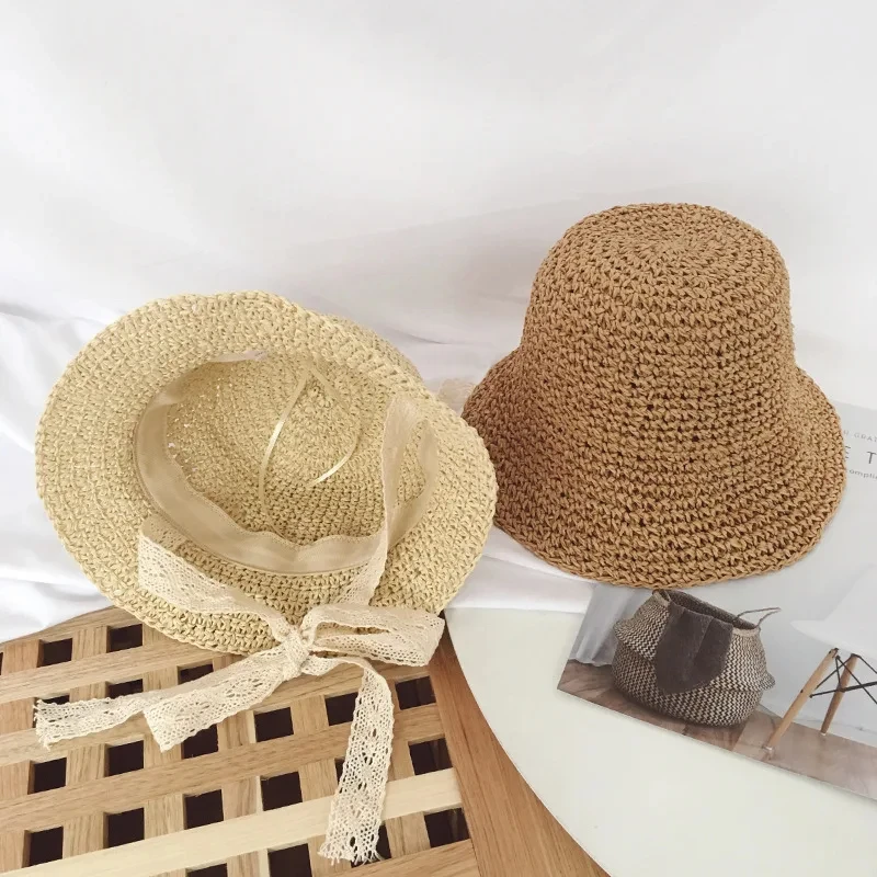 Summer Baby Straw Hat for Girls Boys Beach Travel Kids Bucket Hats Adjustable Lace Windproof Rope Fashion Accessories 2-6Y