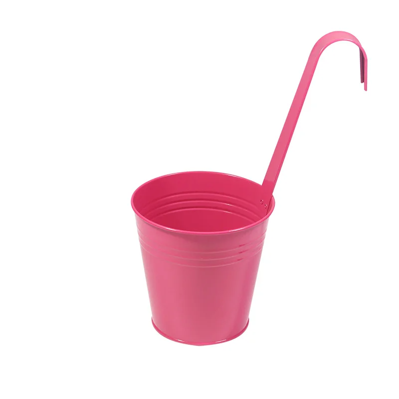 Wholesale Cute Small Pink Metal Tin Bucket Hanging Flower Plant Pots Fence Hanging Pot With Detachable Hook For Garden Planting