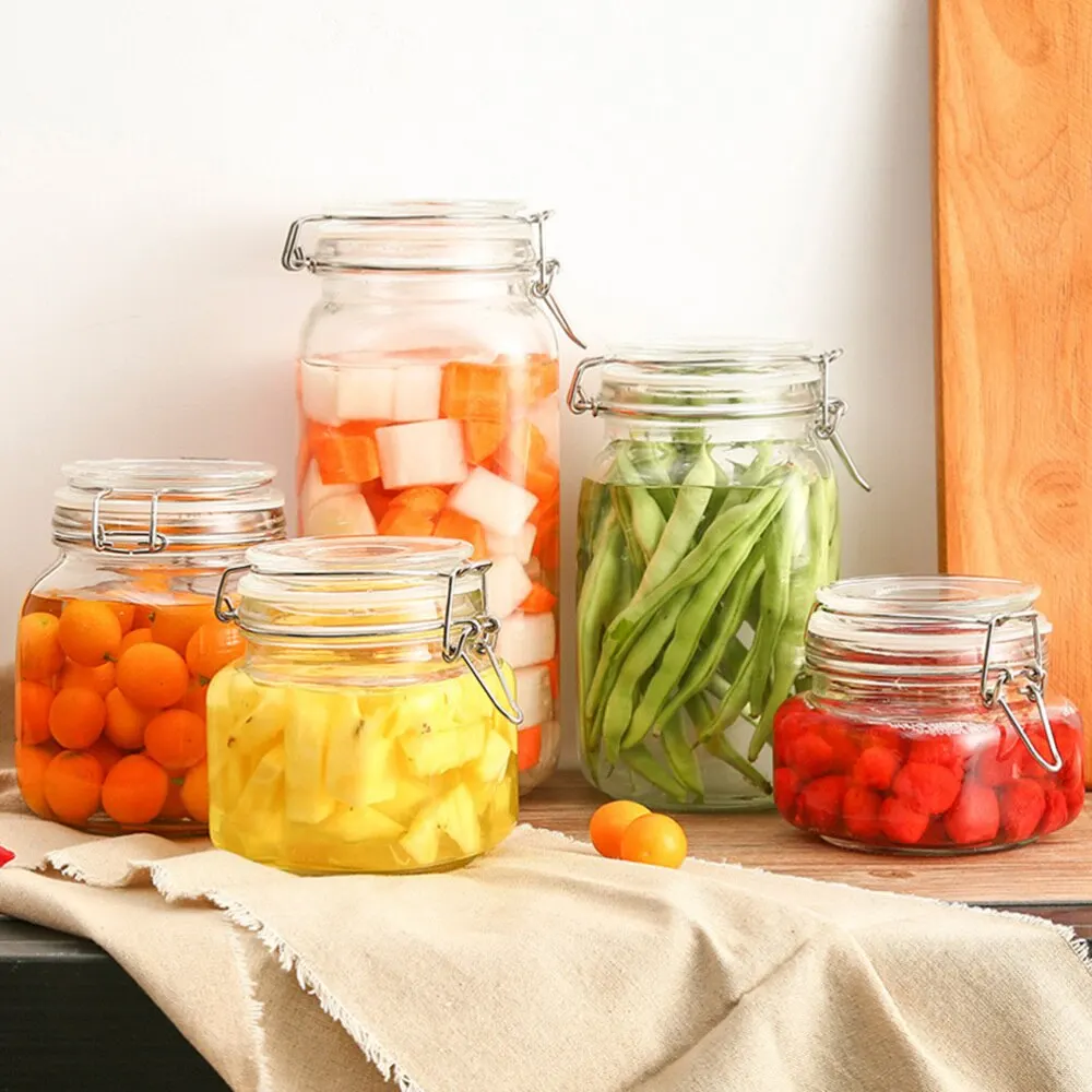 Modern Large Wide Mouth Glass Mason Jars with Hinged Lids Airtight Leak-Proof Rubber Gasket Shape Spices Condiments Container