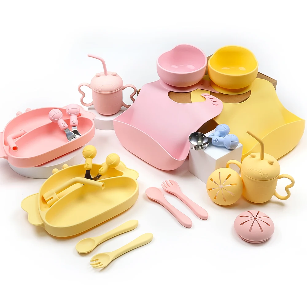 Hot Selling kids Dining Silicone Bib Bowl Spoon Fork Baby Snack Plate Tableware Silicone Baby Feeding Set