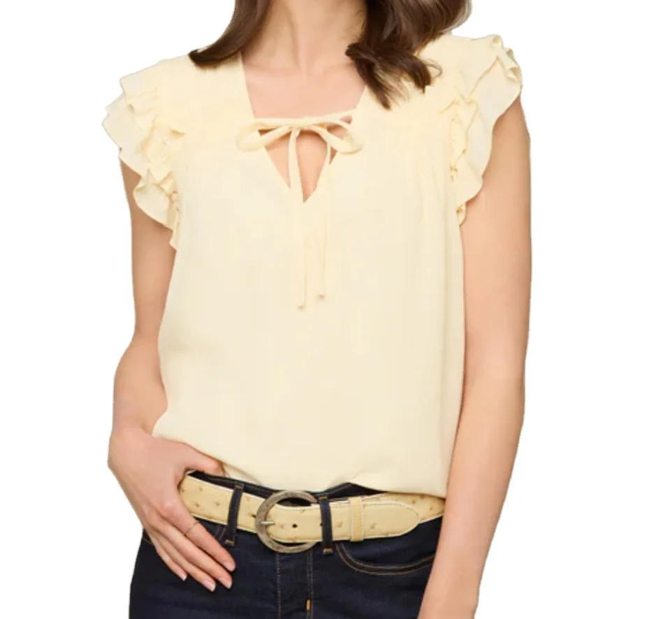 Customize new design Ruffle Blouse Tie front closure fully lined Ruffle detail at neck and short sleeves ladies blouses
