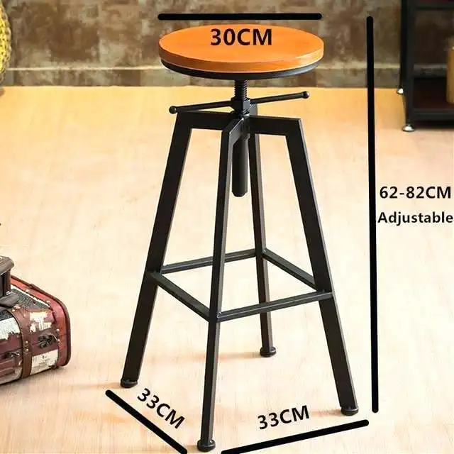 Industrial Antique Wooden Top Height Adjustable Cheap Metal Bar Stools