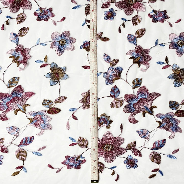 Harvest boho nylon polyester pink and navy floral design embroidered fabric 190-200 gsm for dress