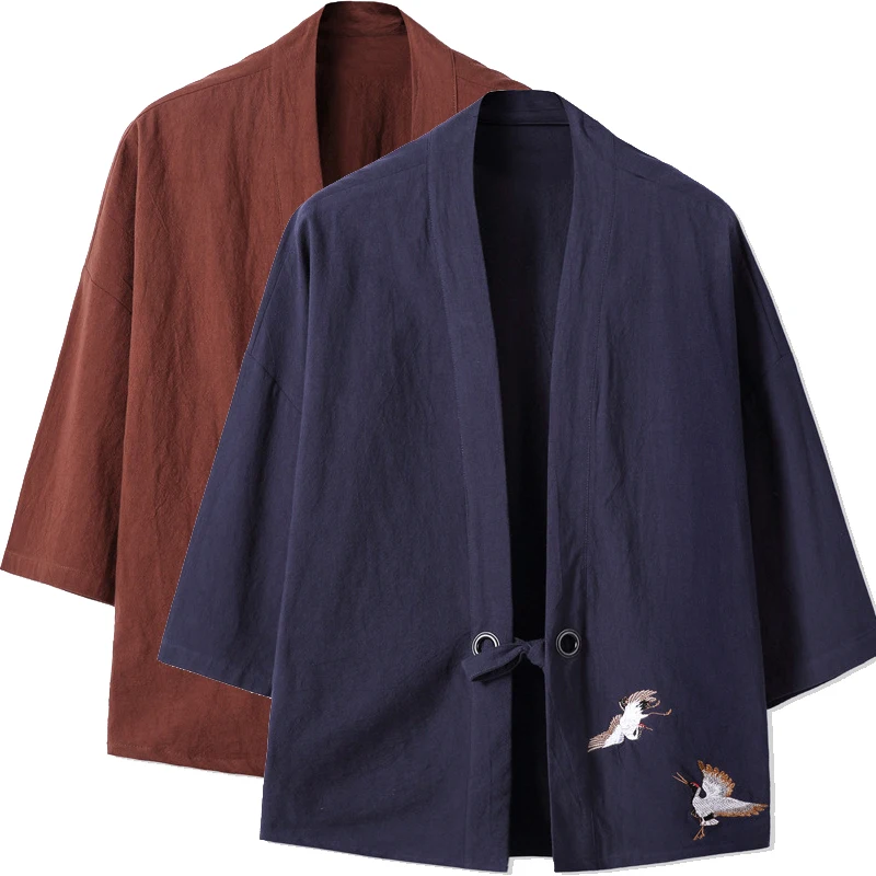Crane Embroidery Haori Kimono Harajuku Japanese Style Plus Size Men Samurai Costume Yukata Asian Clothes Cardigan Women Jacket
