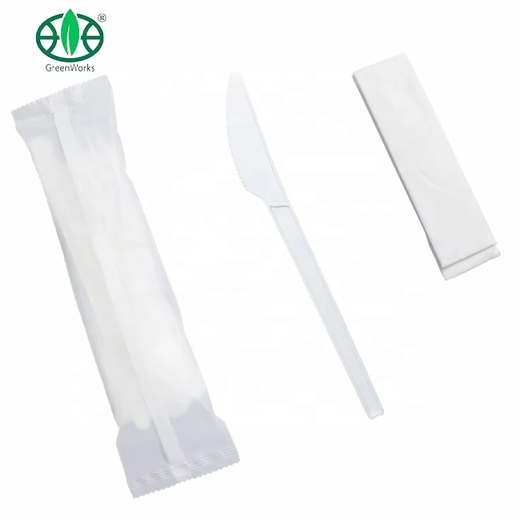 2022 Disposable Compostable cPLA 6.5 inch Knife Bulk wholesale biodegradable cpla cutlery white knife With napkin