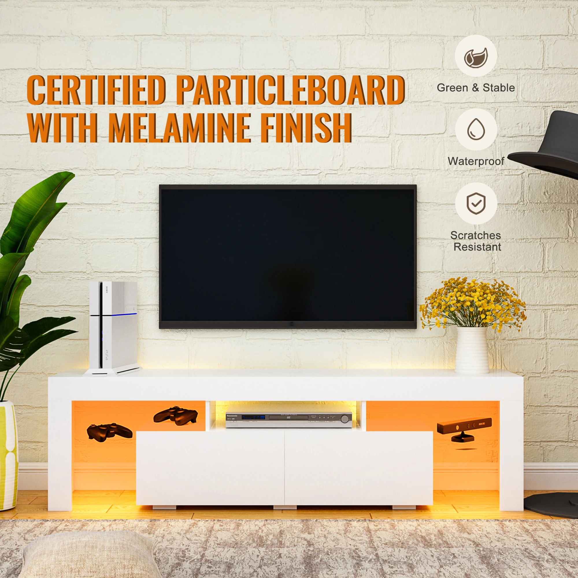 modern design wooden white long 72-inch electric fireplace tv stand cabinet floating wall media console for lving room