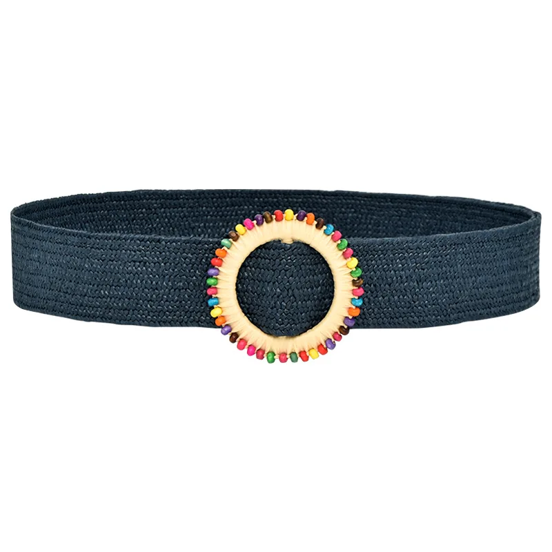 Classic Bohemian Pp Straw Braided Raffia Dress Belt Woven Elastic Stretch Waist Belt With Round Colorful Beads Buckle