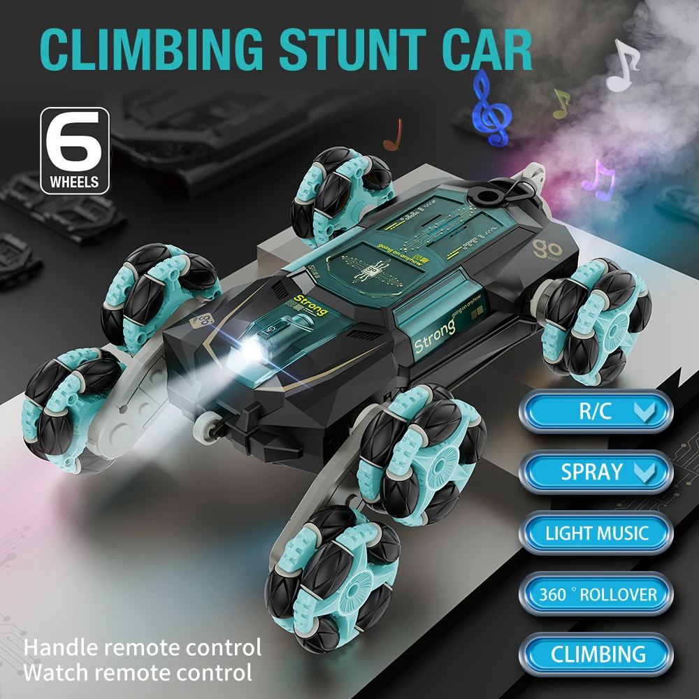 Qilong Six Wheels Climbing Rc Stunt Car 2.4G 360 Rotation Spray Dual-Mode Remote Control Car With Light Music Radio Control Toys