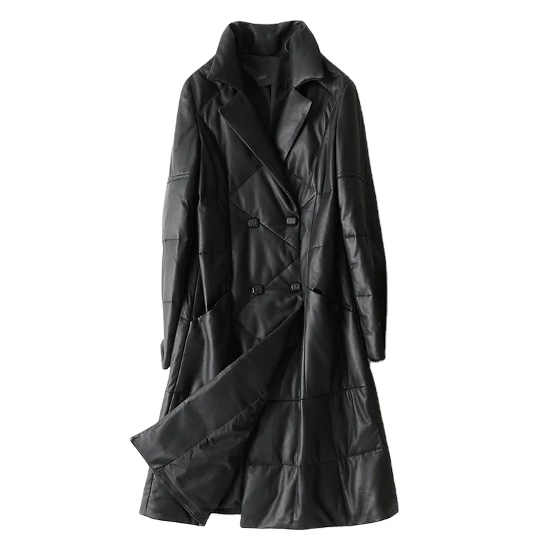 Coat Jacket Winter Real Leather Girl Female Long Coats Trench Jackets Genuine Sheep Leather Down Women Inside Black A69018 Woven