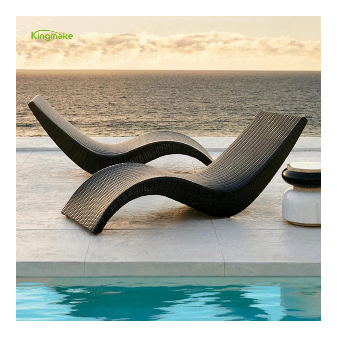 Synthetic rattan S shaped waterproof  swimming pool chair wicker beach bed stacking sun lounger with cushions