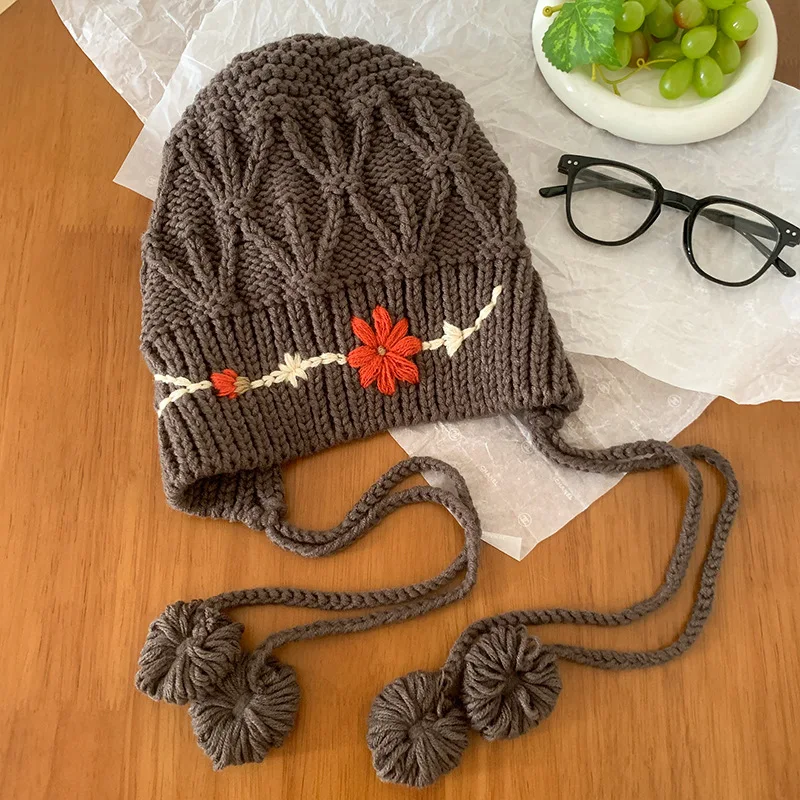 Crochet Flowers Plain Ear Protection Warm Thicken Knitted Autumn Winter Outdoor Beanies Hat With Custom Logo