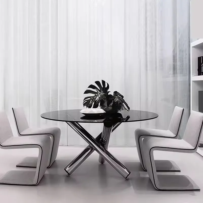 Modern Round Glass Dining Table | Designer Center Table with Chrome Cross Legs | Coffee Shop Dining Furniture