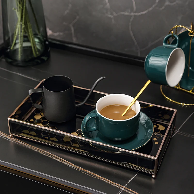 Wholesale Black Glass Rectangle Honeycomb Pattern Organizer Tray Home Decoration Perfume Fragrance Makeup
