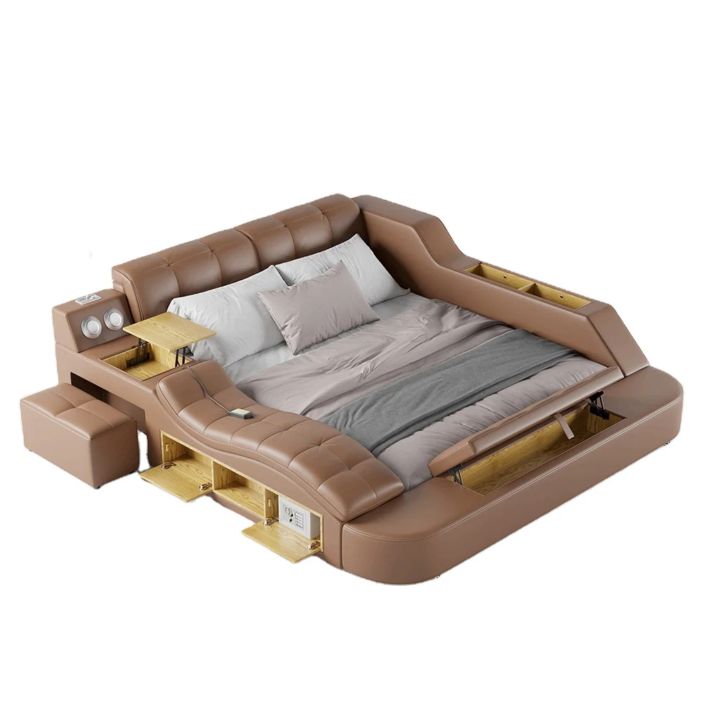 Modern Leather Massage Wireless USB Charge Bluetooth Audio Upholstered Smart Bed With Storage Function