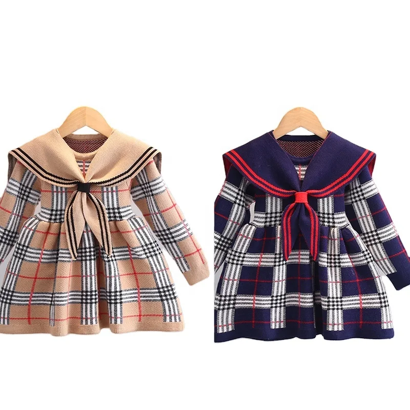 2023 Sailor Collar Long Sleeves Knitting Sweater Flare Dress for Toddler Kids Girls Academic Style Plaid Winter Clothes