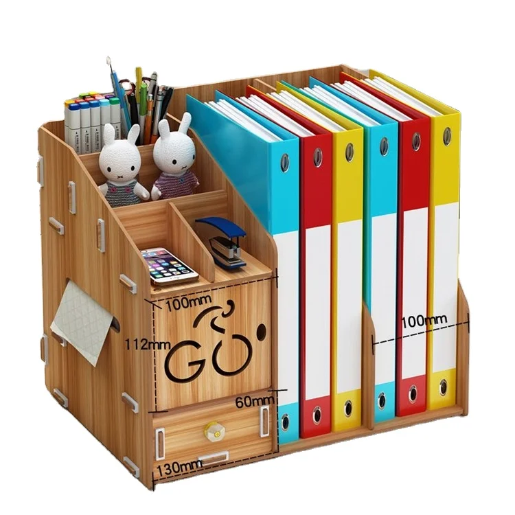 Tonsmile Large Capacity Bamboo Wooden Desk Organizer Tidy Storage Holder File Rack Paper Storage Box for Office Supplies