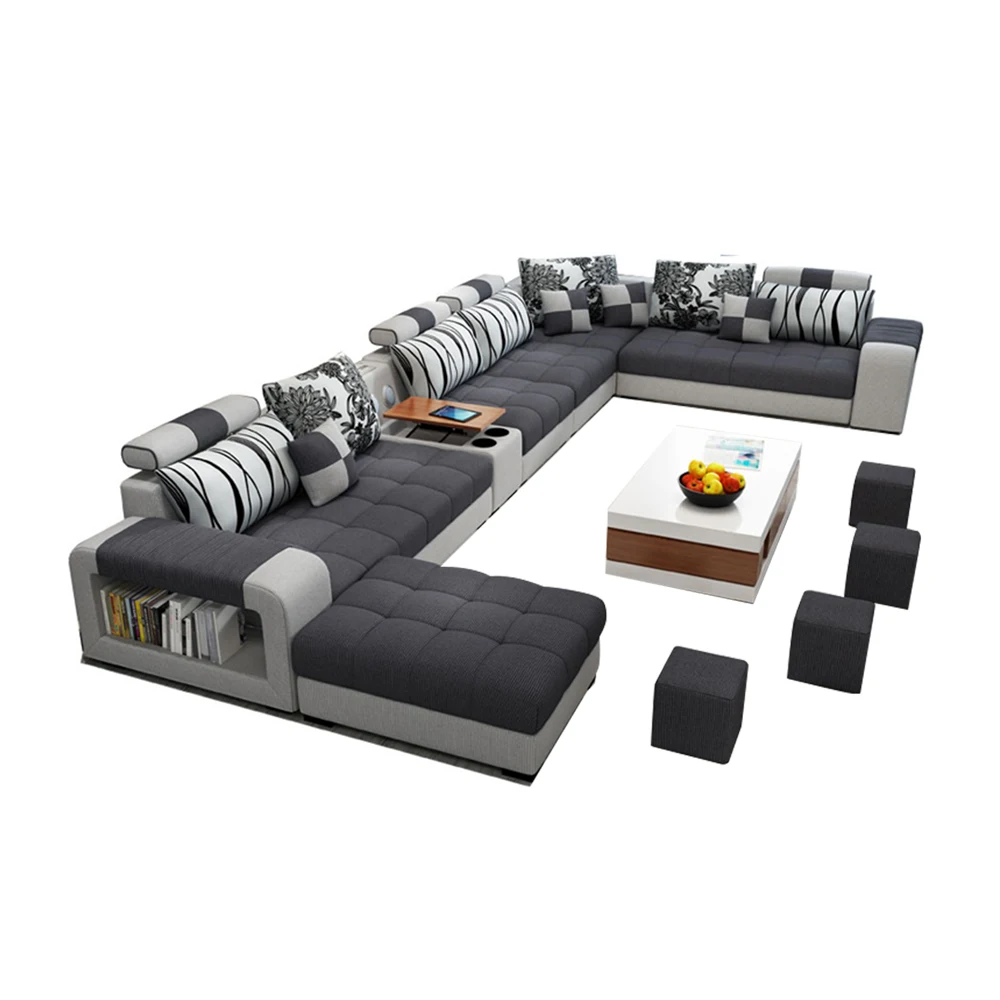 Hot saling U Shape Sectional Sofa Living Room USB Charging Audio Sofas Set American style smart fabric sofa