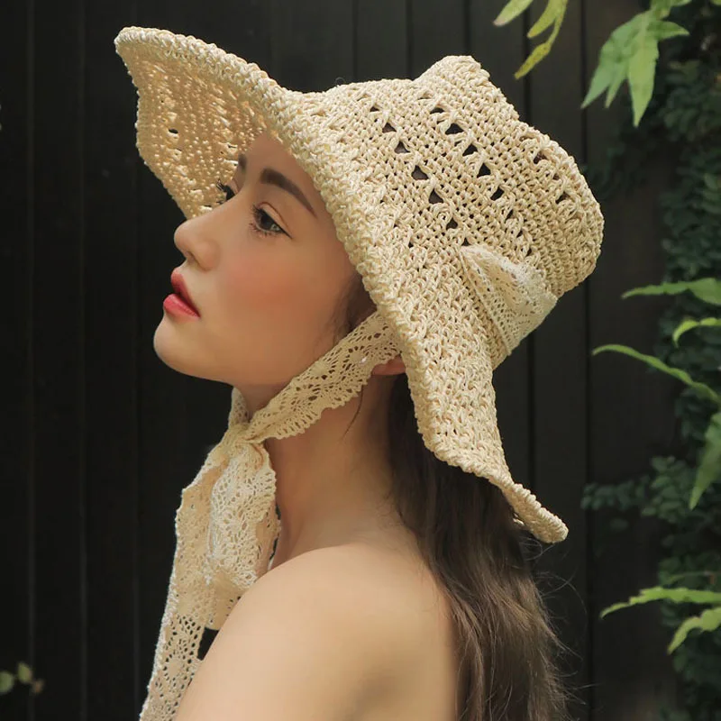 
New Korean summer straw hat women lace bandage sun hat windproof Beach summer foldable handmade hat 
