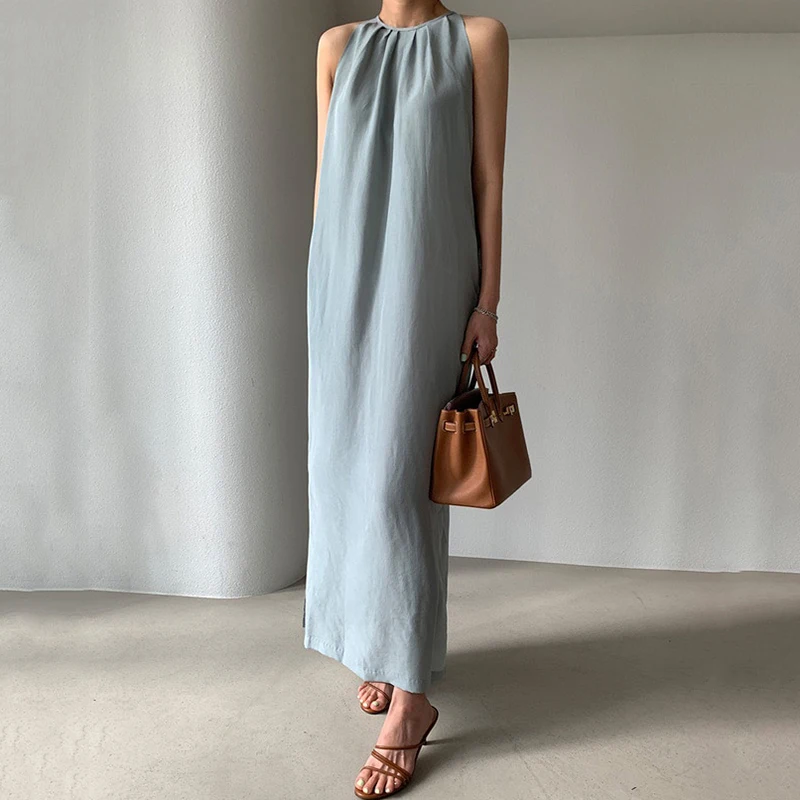 Wholesale 2022 Korean Chic Summer Simple Halter Neck Pleated Off-shoulder Careful Machine Lace Waist Slit Dress